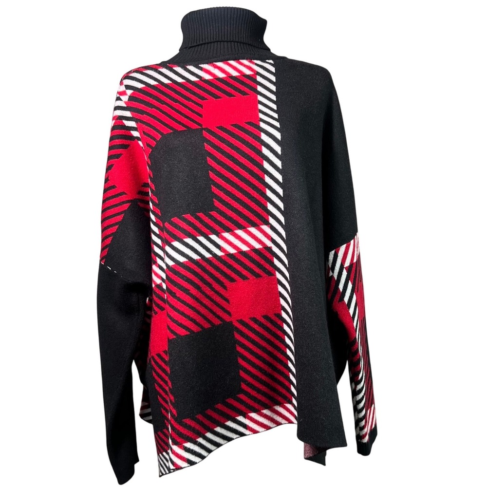 JOSEPH A. Women's Plaid Turtleneck Poncho Sweater Black Red White‎ L